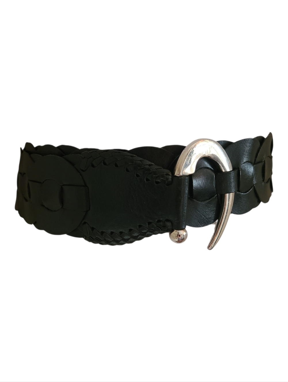 unique black braided leather wrap belt silver-toned metal hook buckle